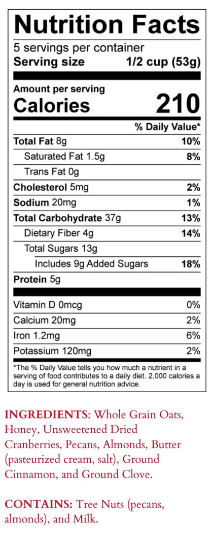 Nutrition facts label for a food product with serving size, calories, and ingredient list.